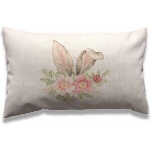 Easter Bunny Ear Throw Pillow Cover 12x20 Floral Design Linen Look Cushion Case